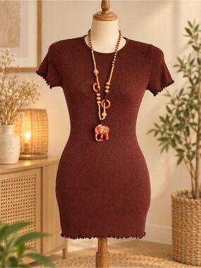 Women's Ribbed Short-Sleeve Bodycon Mini Dress - Brown